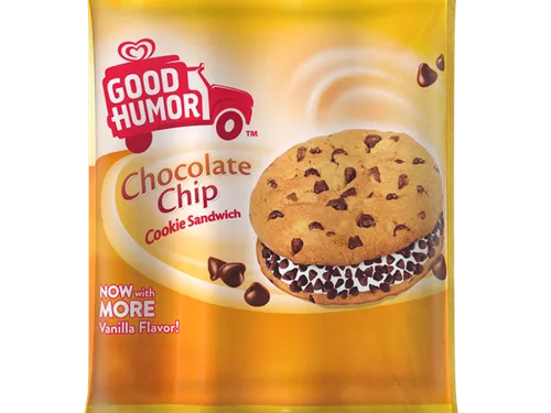 Vanilla ice cream sandwiched between two giant chocolate chip cookies